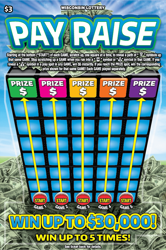 pile of dollar bills with 5 rows of stacked blue boxes with yellow arrows pointing towards the blue sky with white letters outlined in blue on scratch game