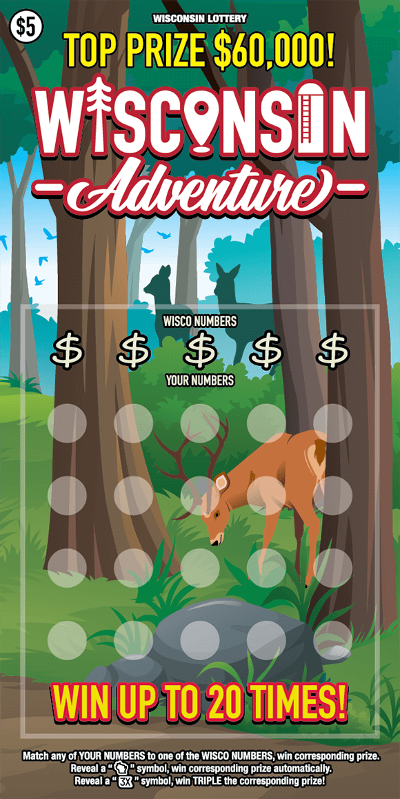 forest scene with three deer and tall trees and white scripted lettering outlined in red on scratch game
