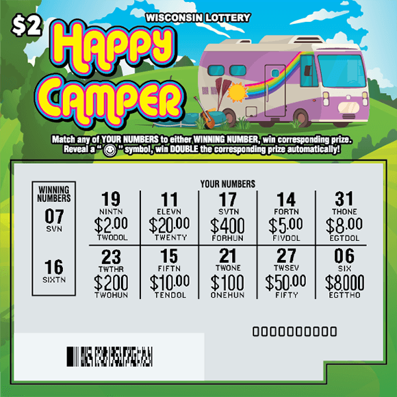 grey scratched play area with large purple RV parked on flowing green hillside with blue skies on scratch ticket