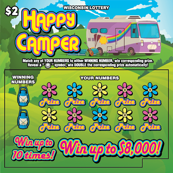 bright green grass with pink, blue and yellow flower icons with large purple RV parked on flowing green hillside with blue skies on scratch ticket
