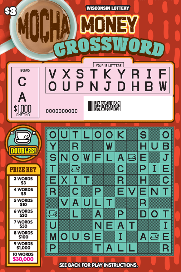 pink scratched play area with light green crossword puzzle and brown lettering on scratch ticket with red background