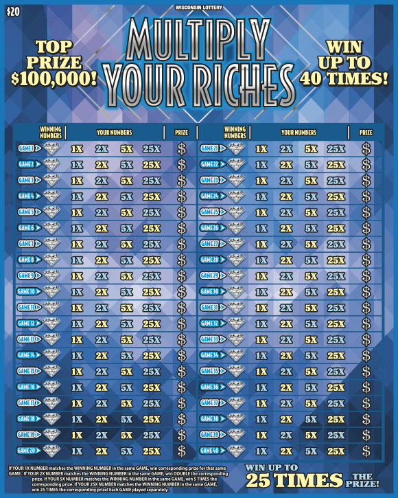 40 lines of numbers and icons of diamonds and yellow dollar signs on background with diamonds in various shades of blue on scratch ticket