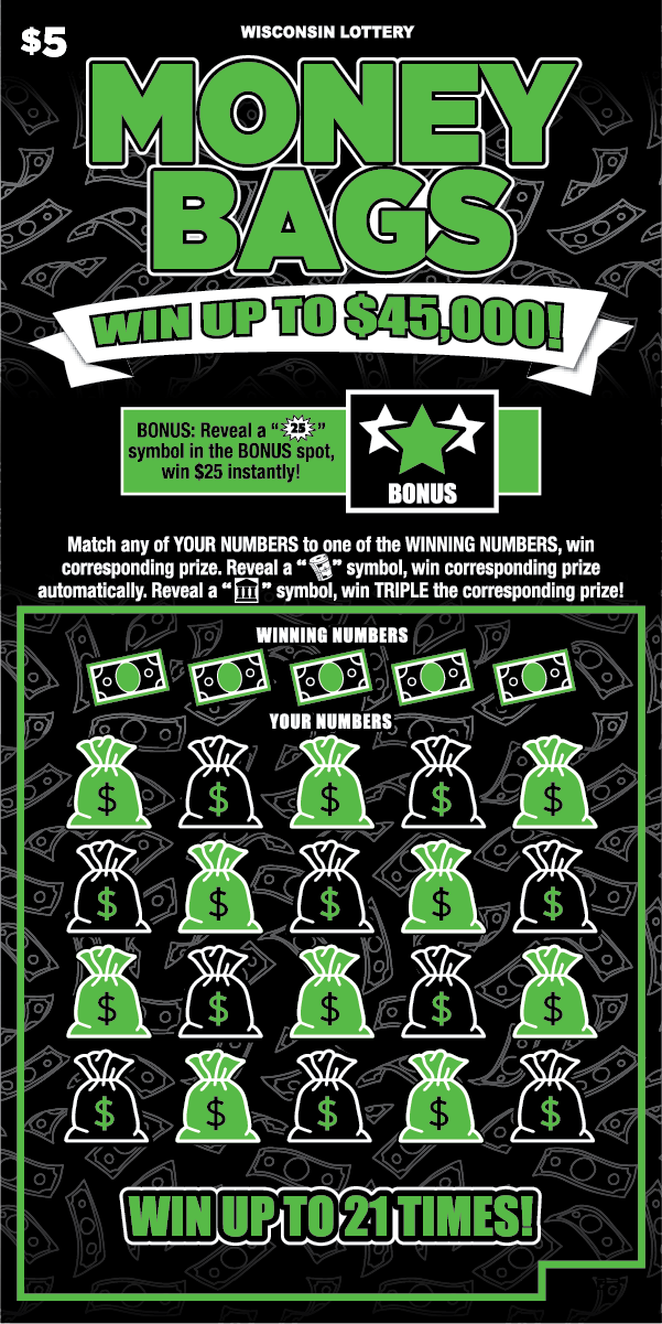 wi Scratch Game, Money Bags 4"X8" black background with green text outlined in black and white, five sets of bills and 20 green and black money bags.