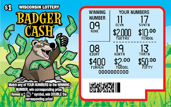 light blue scratched play area with smiling badger in green grass grabbing at falling dollar bills on scratch ticket with yellow letters outlined in black