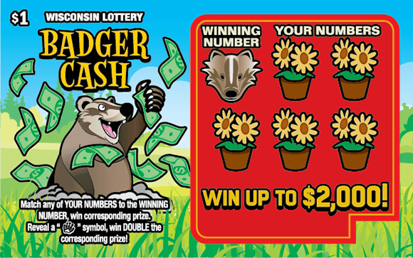 yellow flowers in tan pots and brown badger on red square with smiling badger in green grass grabbing at falling dollar bills on scratch ticket with yellow letters outlined in black