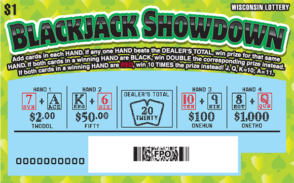 WI Scratch Game, Blackjack Showdown 4"X2.5" green background with black text outlined in green, Blue scratched area with play area revealed.