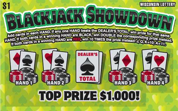 WI Scratch Game, Blackjack Showdown 4"X2.5" green background with black text outlined in green, five sets of cards with hearts and spades. 