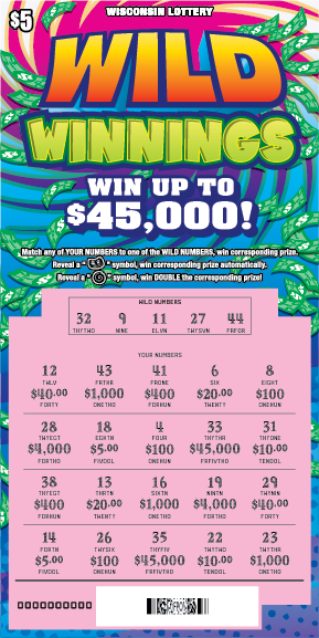 Wild Winnings Scratch game ticket image displaying green, pink, purple and Blue background with orange and yellow gradient text outlined in blue, pink scratch area with prizes