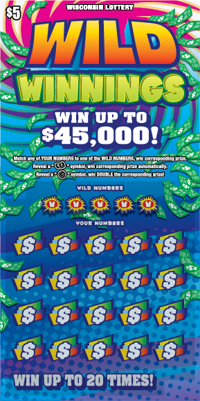 Wild Winnings Scratch game ticket image displaying green, pink, purple and Blue background with orange and yellow gradient text outlined in blue, pink scratch area with prizes