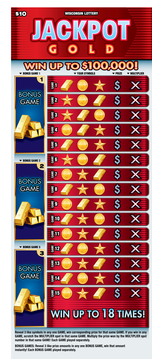 wi Scratch Game, Jackpot Gold, Red background with light blue text outlined in white and red, Gold Bars, Coins and stars. 