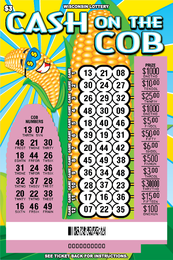 Wisconsin Scratch game, Blue, Yellow and green scratch ticket with Corn caricature with sunglasses - Scratched