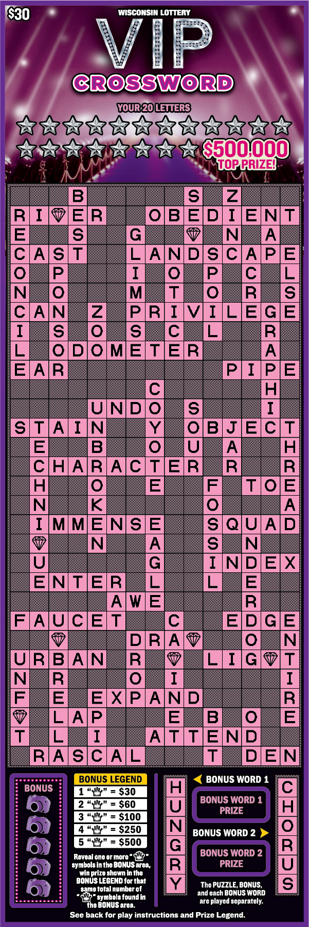 Wisconsin Scratch Game, VIP Crossword purple background with pink text outlined in white, Crossword puzzle. 