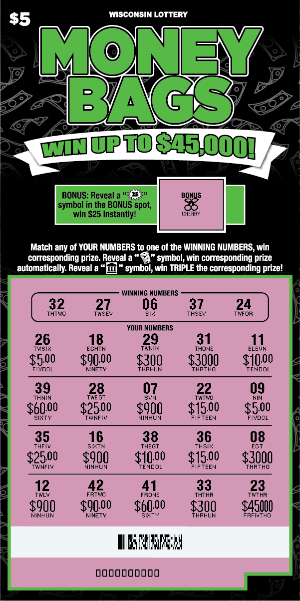 wi Scratch Game, Money Bags 4"X8" black background with green text outlined in black and white, pink revealed scratch area with prizes.