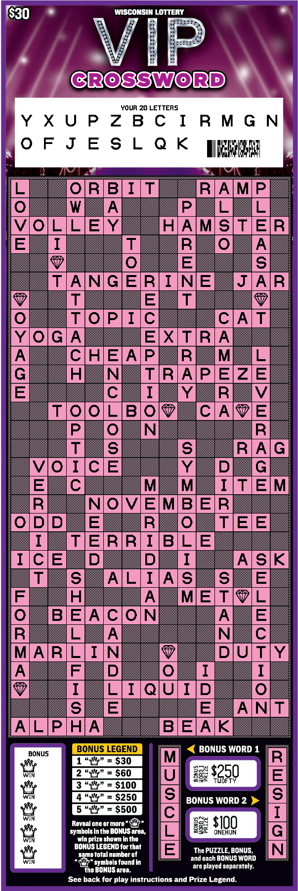 Wisconsin Scratch Game, VIP Crossword purple background with pink text outlined in white, Crossword puzzle Revealed.