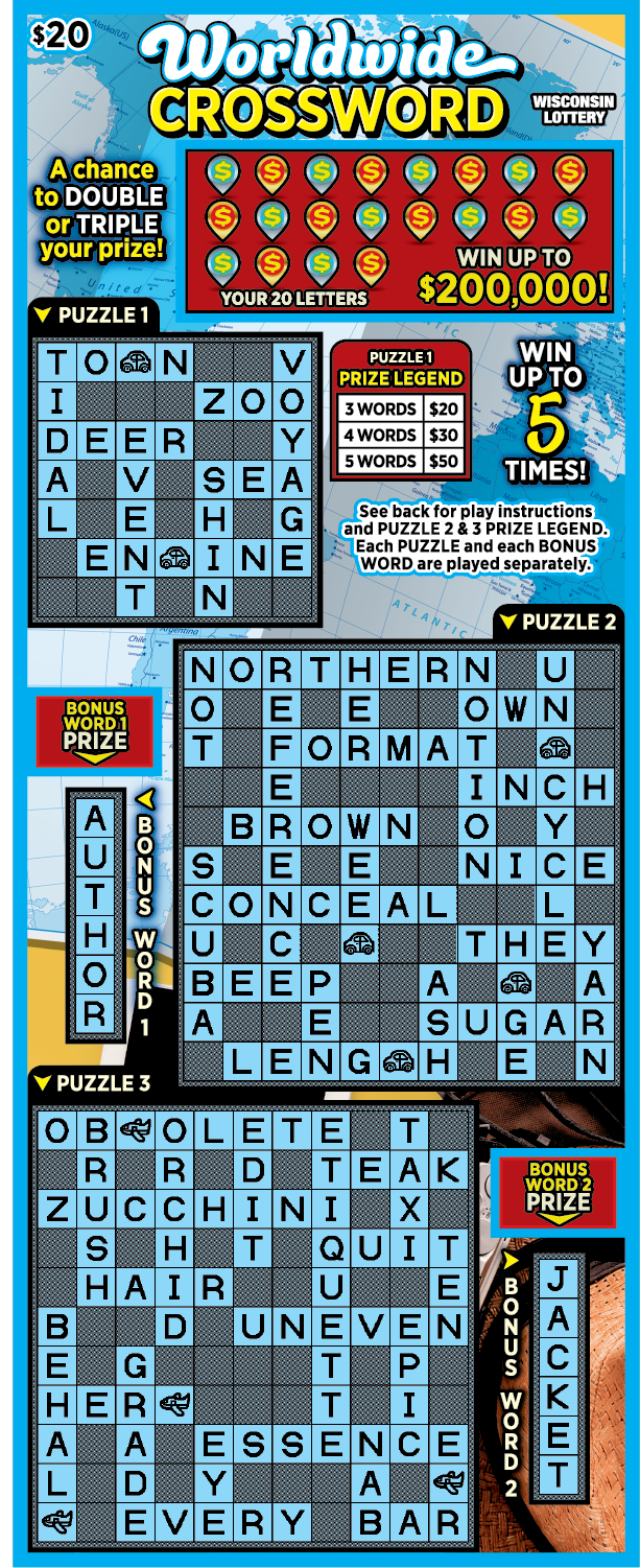 Wisconsin Scratch Game, Worldwide Crossword blue background with black text, Crossword puzzle. 