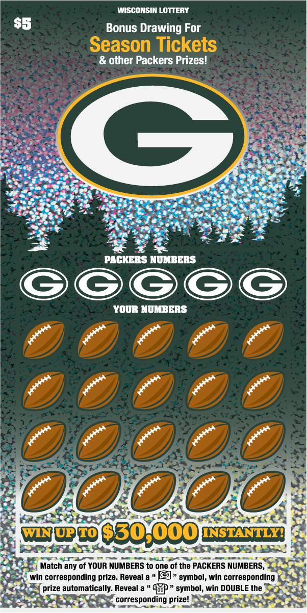 Wisconsin Scratch game Packers, Ticket colors are Packers green and gold with a shimmery woodsy background..