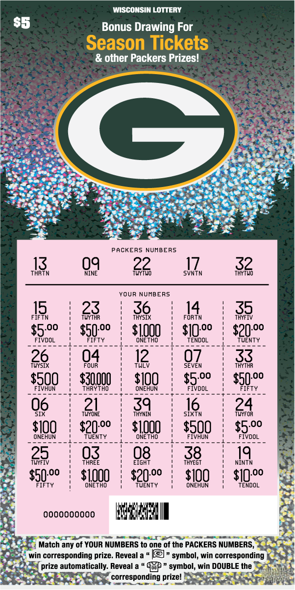 Wisconsin Scratch game Packers, Ticket colors are Packers green and gold with a shimmery woodsy background, Scratched
