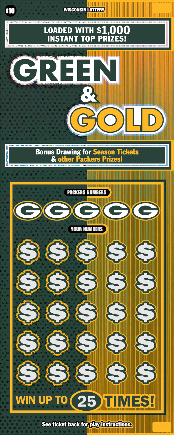Wisconsin Scratch game Green and Gold, Ticket colors are Packers green and gold.