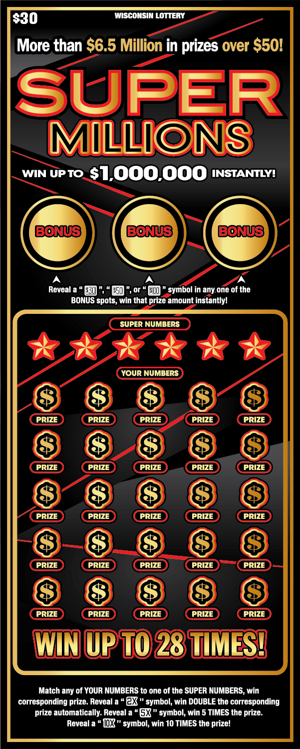 Wisconsin Scratch Game SUPER MILLIONS black background red and gold text