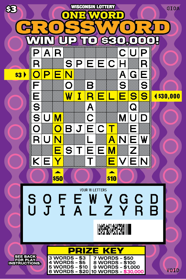 Wisconsin Scratch Game One Word Crossword Purple background with Yell orange and black text revealed.