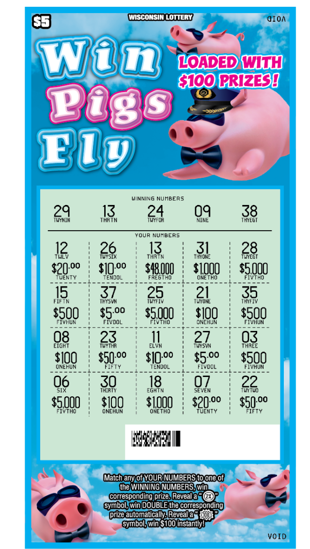 Wisconsin Scratch Game Win Pigs Fly Blue sky with clouds background and two flying pigs, revealed
