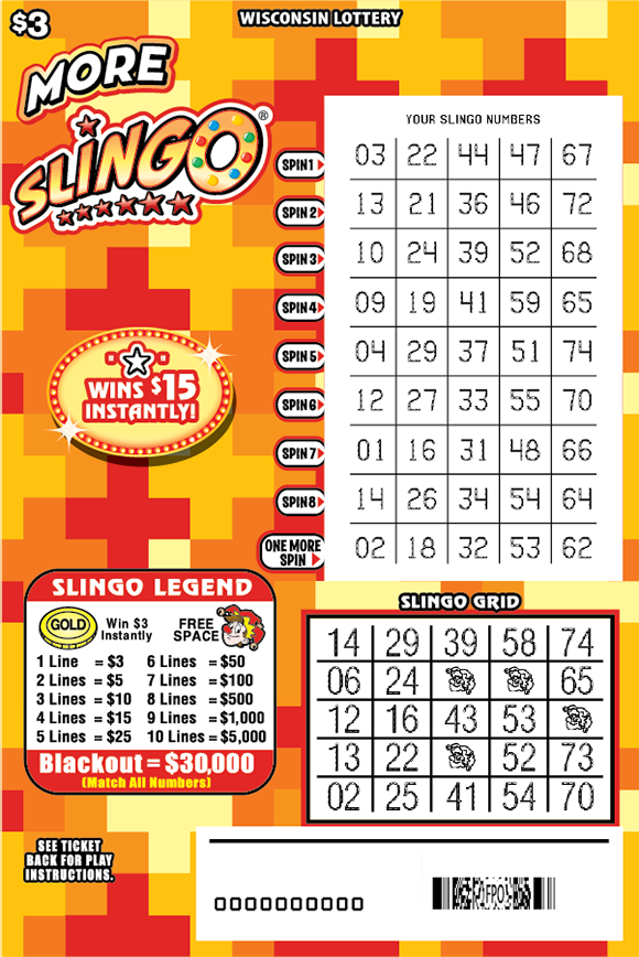 Wisconsin Scratch Game, More Slingo shades of orange background with white text, multicolored scratch area.