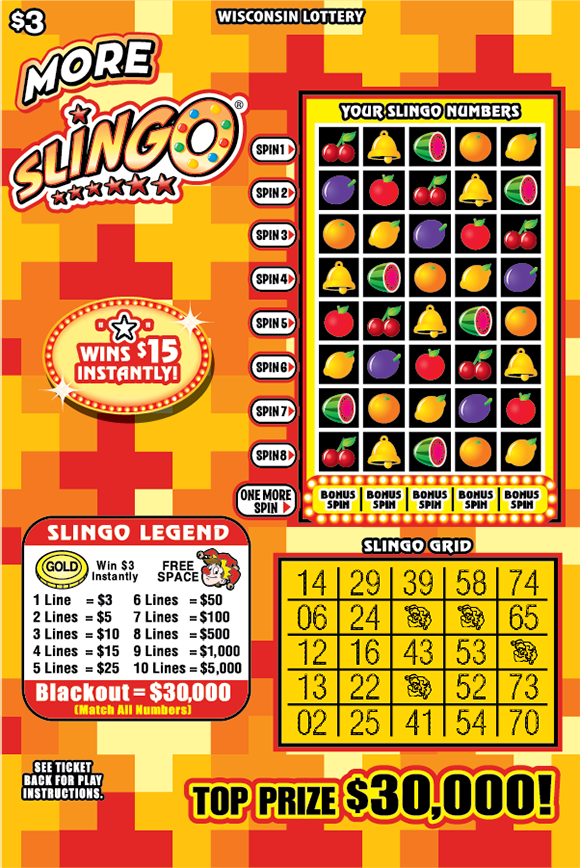 Wisconsin Scratch Game, More Slingo shades of orange background with white text, multicolored scratch area.