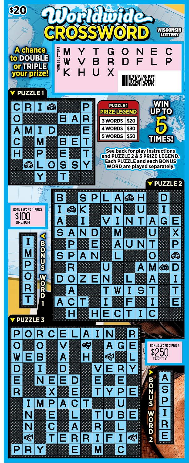 Wisconsin Scratch Game, Worldwide Crossword blue background with black text, Crossword puzzle Revealed