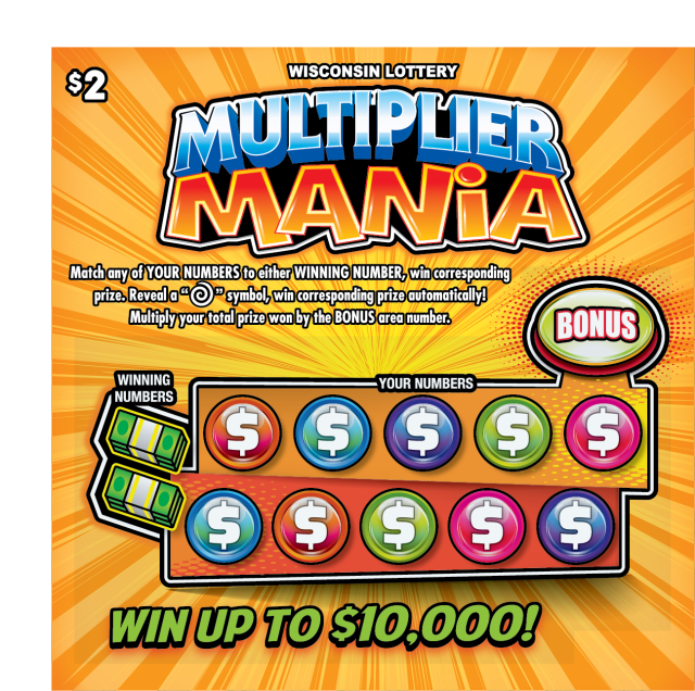 Wisconsin Scratch Game, Multiplier Mania yellow orange burst background with blue and orange text, colorful balls.