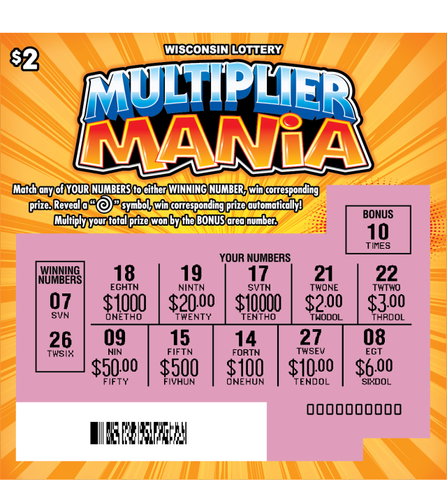 Wisconsin Scratch Game, Multiplier Mania yellow orange burst background with blue and orange text, revealed.