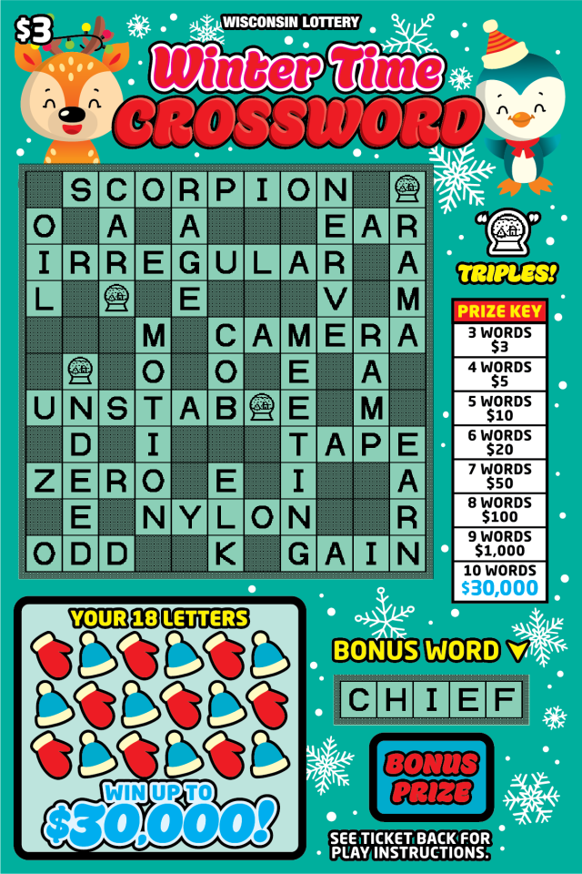 Wisconsin Scratch Game, Winter Time Crossword green background with red text winter caricatures, Crossword puzzle. 