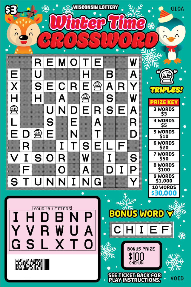 Wisconsin Scratch Game, Winter Time Crossword green background with red text winter caricatures, Crossword puzzle. Revealed