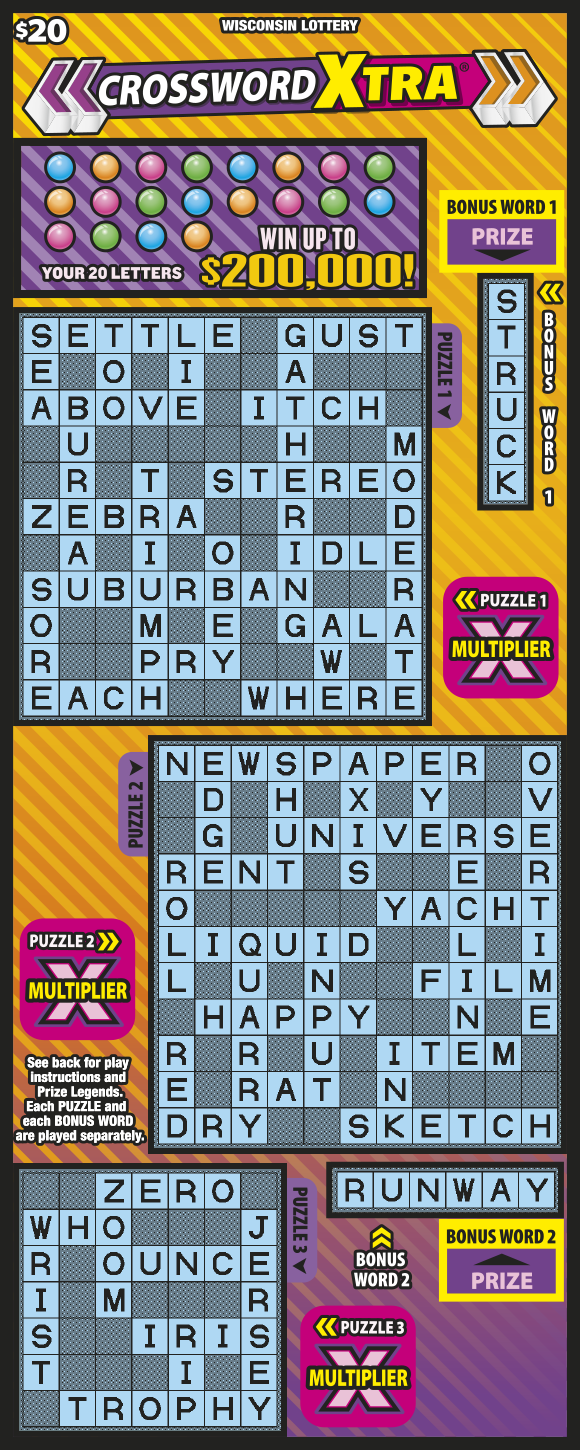 Wisconsin Scratch Game, Crossword Xtra orange background with purple and yellow text, Crossword puzzle.