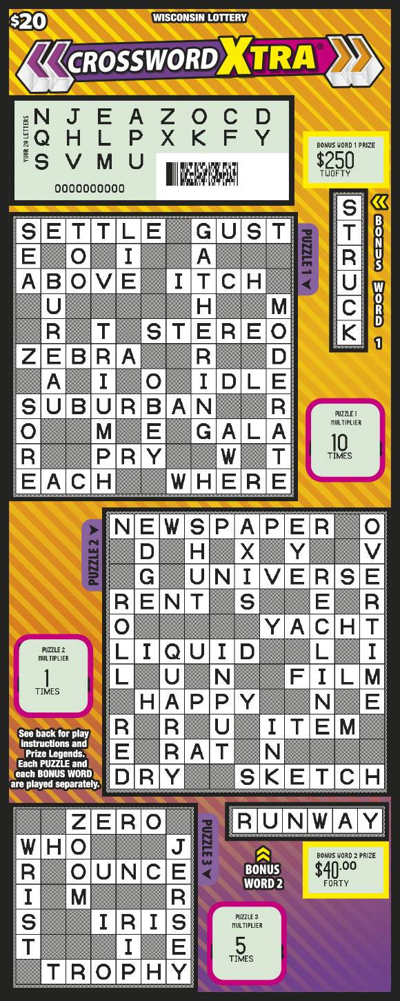 Wisconsin Scratch Game, Crossword Xtra orange background with purple and yellow text, Crossword puzzle revealed.