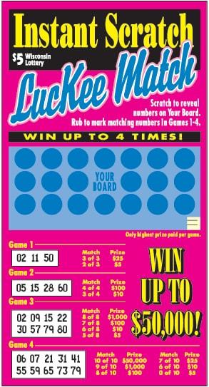 Luckee Match instant scratch ticket from Wisconsin Lottery - unscratched
