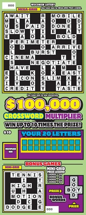 $100,000 Crossword Multiplier instant scratch ticket from Wisconsin Lottery - unscratched