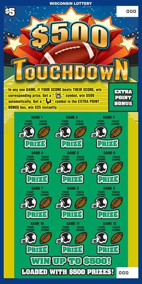 $500 Touchdown instant scratch ticket from Wisconsin Lottery - unscratched