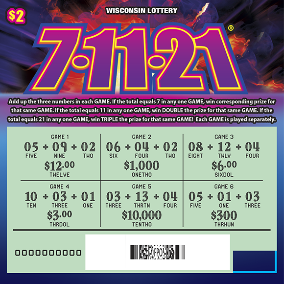Wisconsin Scratch Game, 7-11-21 blue and purple burst background with pink and purple text, revealed.