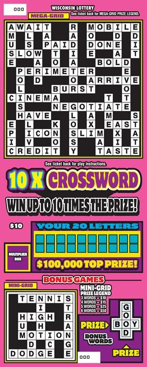 10X Crossword instant scratch ticket from Wisconsin Lottery - unscratched