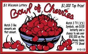 Bowl of Cherries instant scratch ticket from Wisconsin Lottery - unscratched