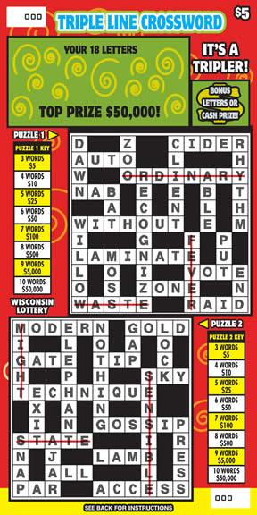 Triple Line Crossword instant scratch ticket from Wisconsin Lottery - unscratched