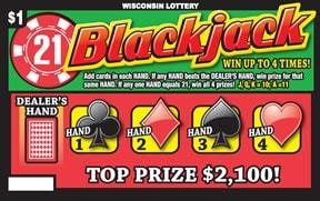 21 Blackjack instant scratch ticket from Wisconsin Lottery - unscratched