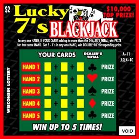 Lucky 7's Blackjack instant scratch ticket from Wisconsin Lottery - unscratched
