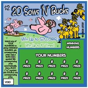 20 Sows 'N' Bucks instant scratch ticket from Wisconsin Lottery - unscratched