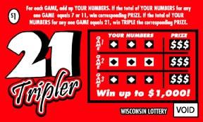 21 Tripler instant scratch ticket from Wisconsin Lottery - unscratched