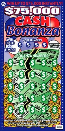 $75,000 Cash Bonanza instant scratch ticket from Wisconsin Lottery - unscratched
