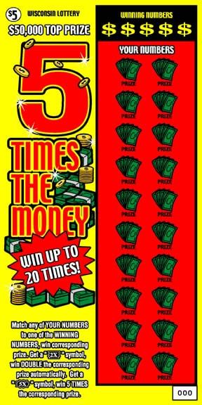 5 Times the Money instant scratch ticket from Wisconsin Lottery - unscratched