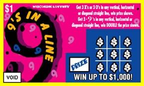 9's in a Line instant scratch ticket from Wisconsin Lottery - unscratched