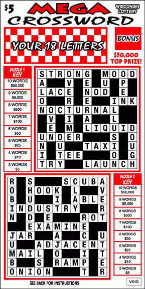 Mega Crossword instant scratch ticket from Wisconsin Lottery - unscratched