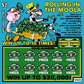 Rolling In the Moola instant scratch ticket from Wisconsin Lottery - unscratched